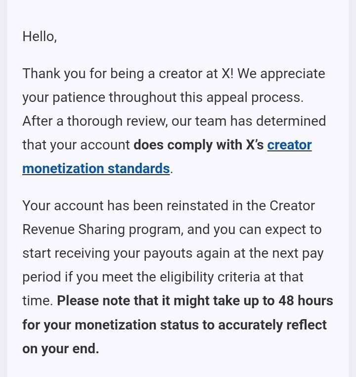 vasimkwality's tweet photo. If your Creator Revenue has been paused, you can submit an appeal like this

"Dear X Support Team,

My Creator Revenue Sharing has been paused. I kindly request a review of my account. I respect all platform rules and will ensure full compliance moving forward.

Thank you for your time and consideration."