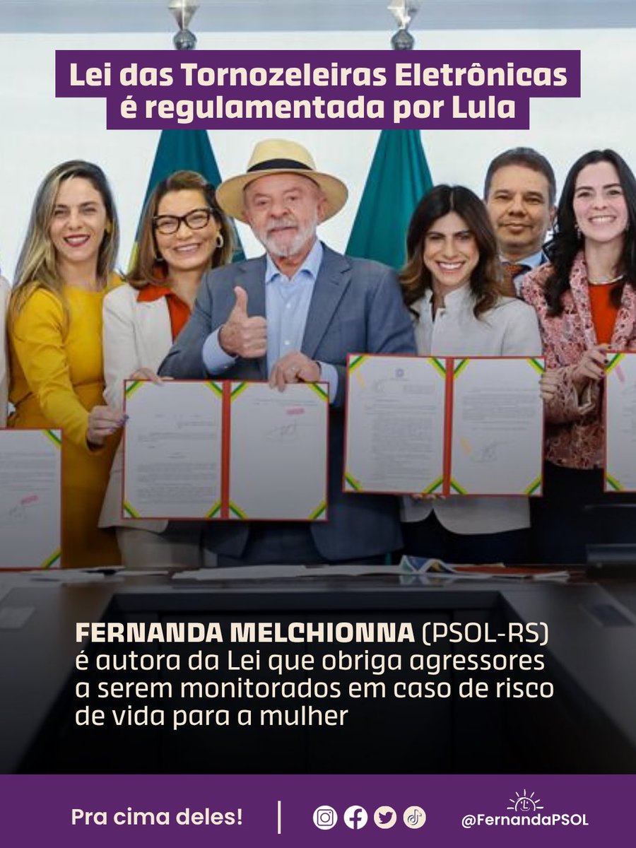 fernandapsol's tweet photo. Lei das Tornozeleiras Eletrônicas é regulamentada!

Fernanda Melchionna criou e coordenou a Comissão Externa de combate aos feminicídios no RS. A partir da ficalização a órgãos públicos em mais de 20 cidades gaúchas e de uma conversa com a deputada estadual Luciana Genro, Fernanda criou a Lei que obriga agressores de mulheres a serem monitorados por tornozeleira eletrônica em casos graves.

Após a sanção e regulamentação presidencial, a Lei passa a ter regras claras para ser aplicada em todo o Brasil. 

Seguimos a luta em defesa da vida das mulheres!