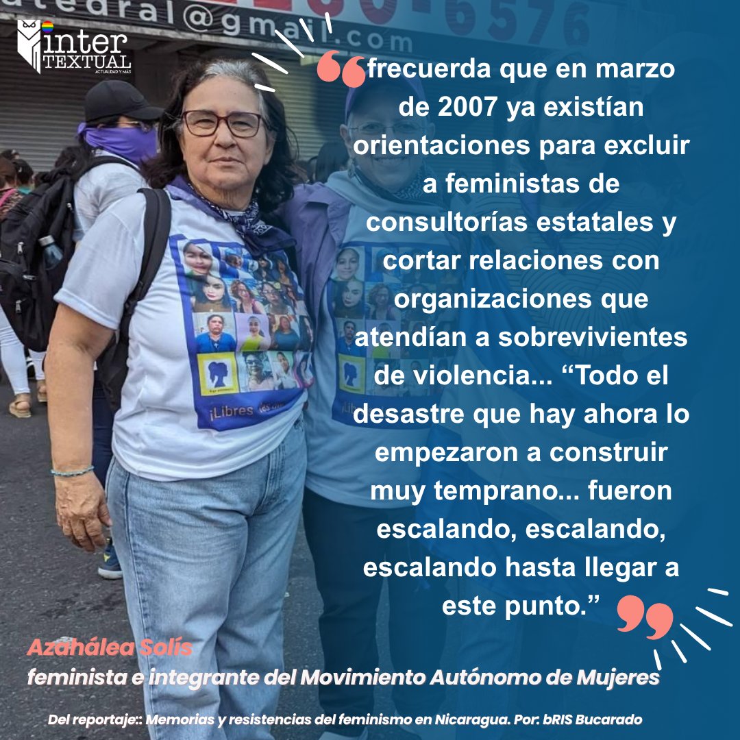 IntertextualNic's tweet photo. "La represión no comenzó en 2018. Todo el desastre lo empezaron a construir muy temprano."
Compartimos algunas de las reflexiones de @AzahaleaSolis incluidas en nuestro reportaje: https://t.co/3Lx2ZC7qCP
"Memorias y resistencias del feminismo en Nicaragua". https://t.co/rOM3VdPdHl