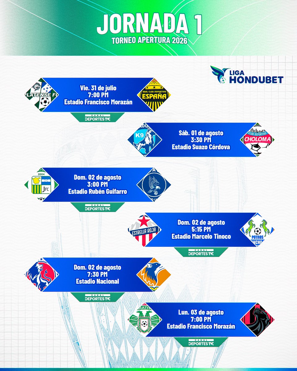 lnfphonduras's tweet photo. ¡JORNADA 1! ⚽🔥🏟

Los juegos de la #Jornada1 del #TorneoApertura 2026-2027 de la #LigaHondubet con los horarios oficiales. https://t.co/x4VjIfsVt4