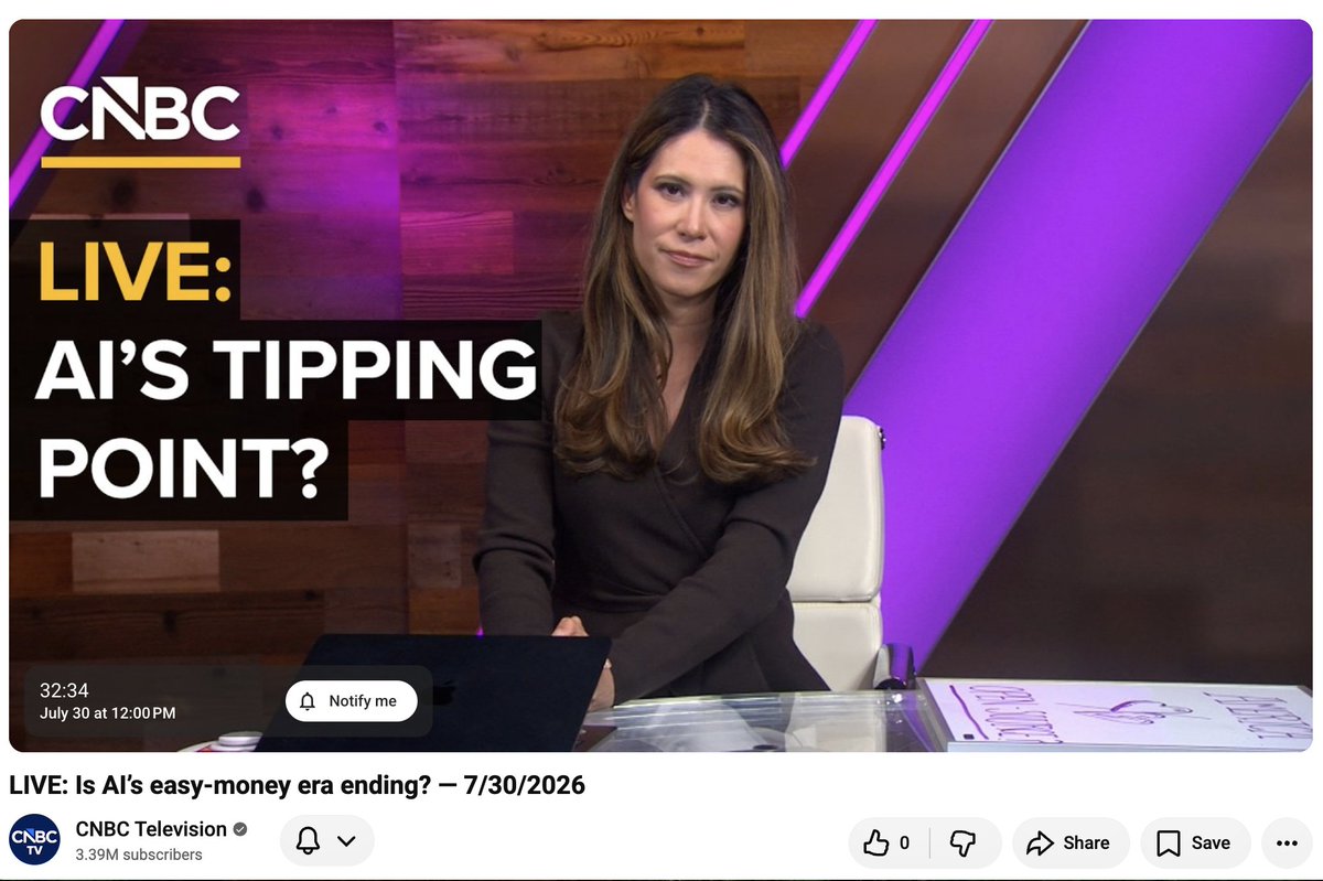dee_bosa's tweet photo. Back from vacation and LIVE at 12pm PT / 3pm ET

Is AI’s easy-money era ending? We’ll unpack a wild week for the AI trade—big tech earnings, Leopold Aschenbrenner’s massive deal, OpenAI’s price cuts, rogue agents, open models and new restrictions on Chinese robot imports.

Cisco’s @jpatel41, Fireworks AI's @lqiao and Standard Bots' @evanbeard.

https://t.co/j7BohZewJ2
