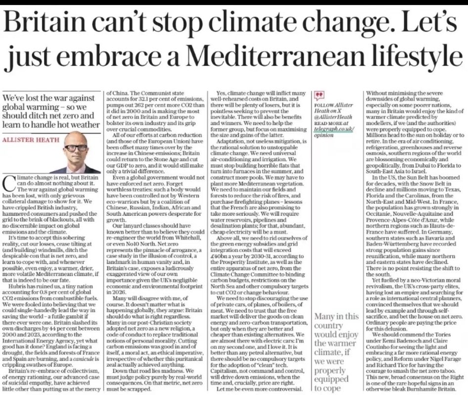 bmay's tweet photo. The Telegraph on climate: a brief history. 
1. Climate change doesn’t exist 
2. It might exist but isn’t man made
3. It might be, but it’s woke to say so 
4. It’s real, and now too late, so everyone should love it. 

No mention of the cost of it, or insurance implications. Thick. https://t.co/uSvE4Ytoqu