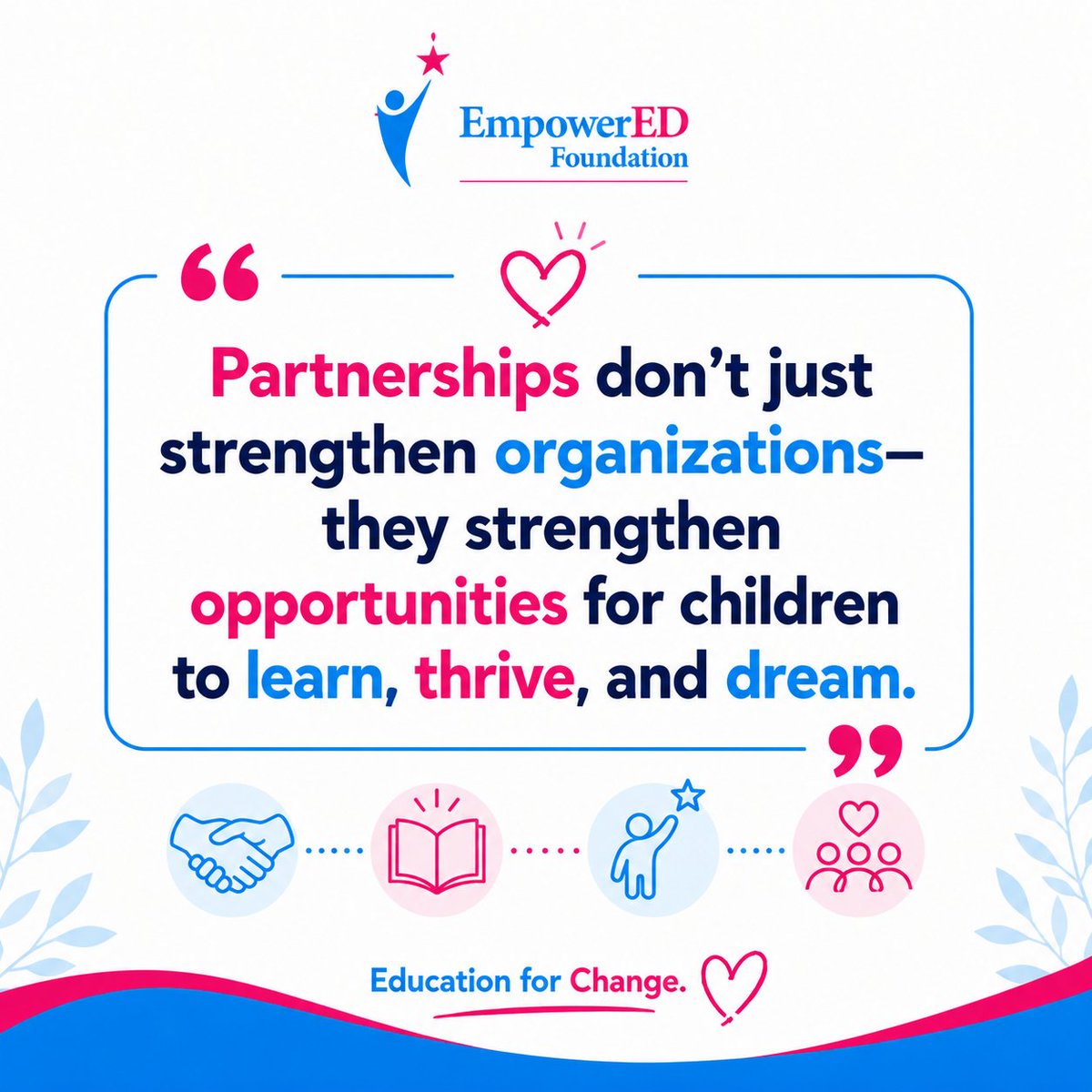 empoweredfndn's tweet photo. 🤝 Partnerships create possibilities.
When communities, schools, and organizations work together, we remove barriers to education and open doors for every child.
Together, we create lasting impact.
💙
#EducationForChange #SDG17 #Partnerships https://t.co/VLpZp48NTd