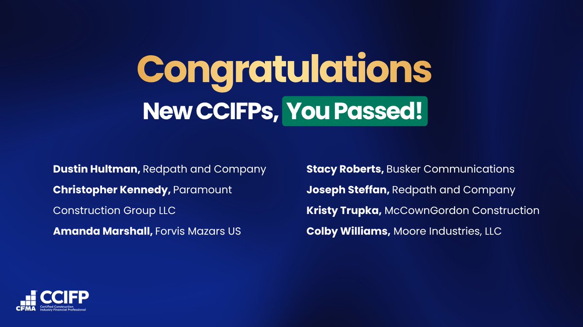 CFMA's tweet photo. Congratulations to these new CCIFPs on earning their credentials!

Ready to begin your CCIFP journey? ➤ https://t.co/4poBEulLiO https://t.co/j6KcwhB9q6