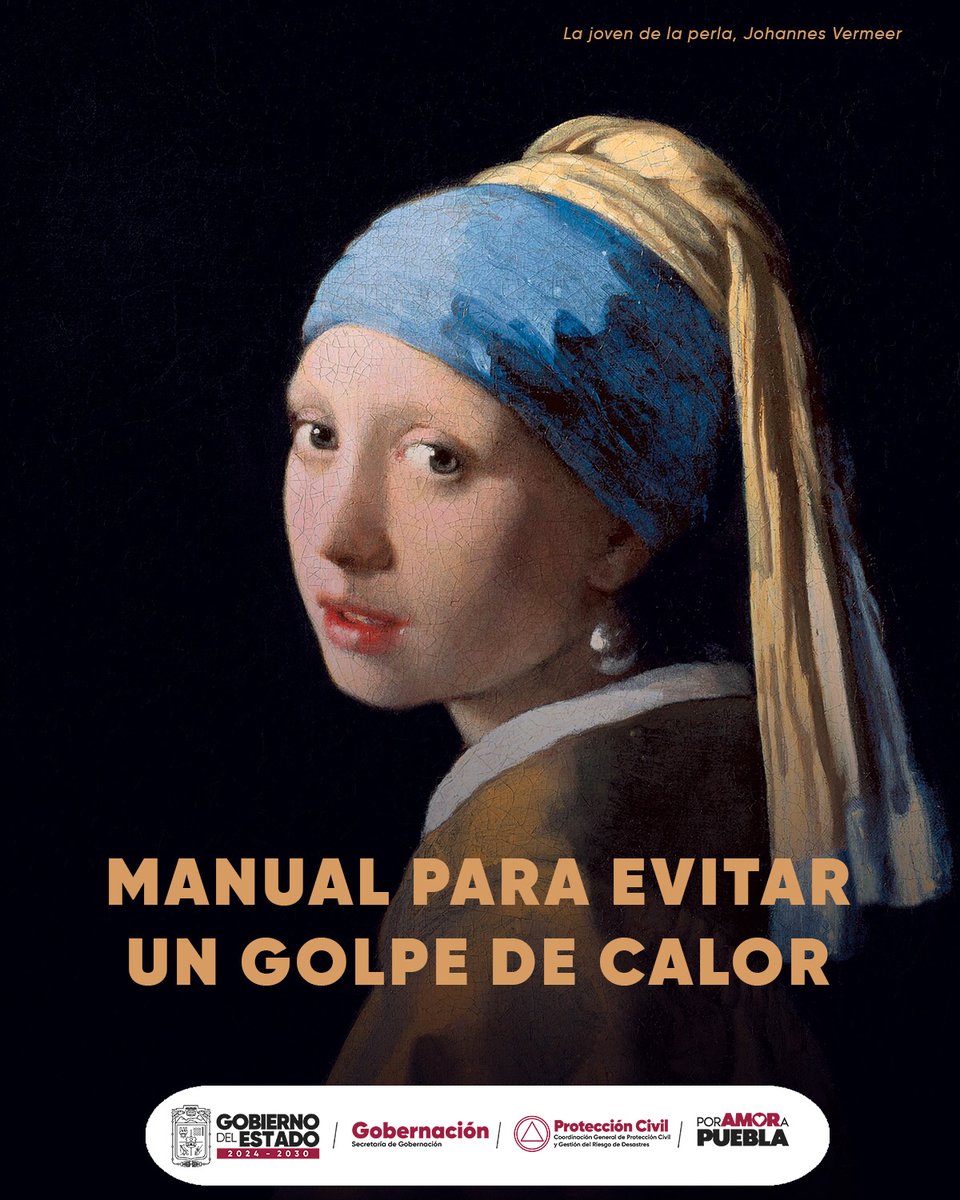 PCGobPue's tweet photo. ☀️ Prevenir es un arte, y la prevención salva vidas.

🎨 Con obras desde Vermeer hasta Velázquez, el @Gob_Puebla te invita a mantener medidas contra el calor en este verano.

@cultura_mx @CNPC_MX @Segob_Puebla 

#PorAmorAPuebla https://t.co/J1j6gj7Rzz