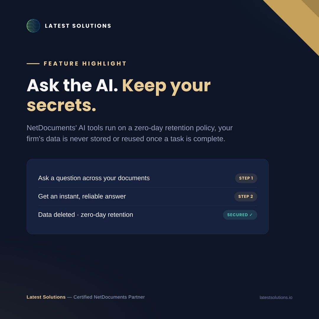 SolutionsLatest's tweet photo. Confidentiality matters. NetDocuments' AI tools use a private contract with OpenAI policy, meaning your firm's data is never reused outside your organization. Security you and your clients can trust

#NetDocuments #LegalTech #DataSecurity #LawFirmLife https://t.co/4vuWSRWTcW