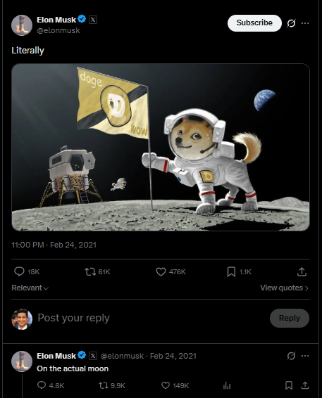 MoonDogeMemeSol's tweet photo. Elon even replied saying, 'On the actual moon' https://t.co/19jbaVP86z