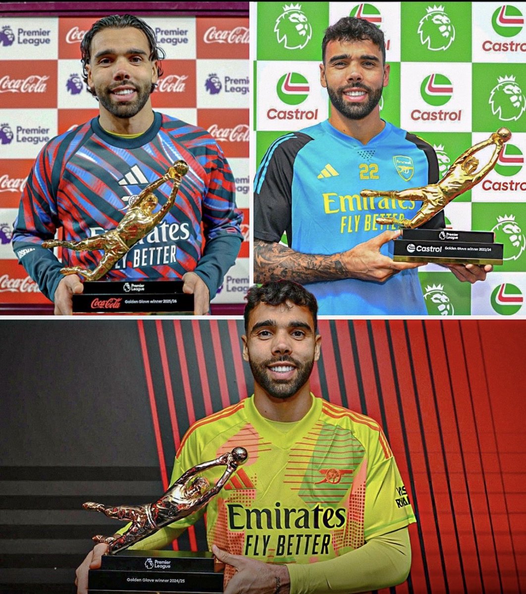 Molly_AFC's tweet photo. 🚨 UPDATE: History is calling your name, David Raya🧤👑

Three Golden Gloves are already in the trophy room 🏆🏆🏆
Now there’s one final peak to conquer. No keeper has ever won the Premier League Golden Glove four seasons in a row. Not one.
That means 2026/27 isn’t just about defending the league title — it’s a chance to carve a brand-new page in English football history 📖✨

With Arsenal’s rock-solid defence, Arteta’s system, and Raya’s elite consistency, that record is absolutely within reach.
Four in a row? Why not make history. The challenge is waiting, David 🔥🇪🇸

Three straight Golden Gloves puts him alongside Reina, Hart, and Ederson. One more and he matches the all-time record of 4 held by Cech and Hart.

Think he does it? 👀