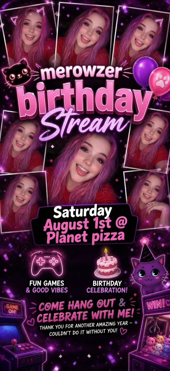 Merowzer's tweet photo. 🎉 BIRTHDAY STREAM ANNOUNCEMENT 🎉

This Saturday I’ll be celebrating my birthday LIVE from Planet Pizza and I’m honestly super excited for it! 🍕🎮🎂

We’re going to have arcade games, pizza, chaos, laughs, and hopefully a ton of good memories. It’s my birthday, so you already know I’m planning to have some fun with the community and bring you all along for the ride.

If you’ve been wondering what I’m doing for my birthday, this is it. Come hang out, say hi in chat, and help me make this birthday one to remember! 💜🍕✨
