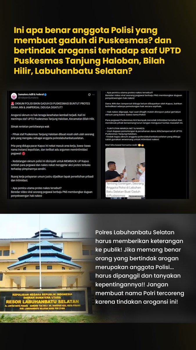 pilarkeamanan's tweet photo. Polres Labuhanbatu Selatan harus memberi penjelasan jika anggotanya terbukti bertindak arogan kepada staf Puskesmas Tanjung Haloban, Bilah Hilir.
#polres #labuhanbatuselatan #polisi #puskesmas https://t.co/WkaKyO6POA