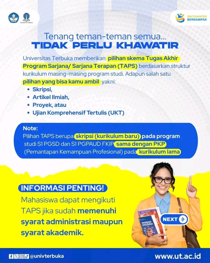 FitriDevikim's tweet photo. Di kurikulum baru UT, mahasiswa memiliki kesempatan untuk memilih skema Tugas Akhir Program Sarjana (TAPS) yang tersedia di program studinya. Pilihan tersebut berupa skripsi, proyek, artikel ilmiah, atau ujian komprehensif tertulis (UKT), sesuai dengan ketentuan masing2 prodinya https://t.co/3klxXg7rV6