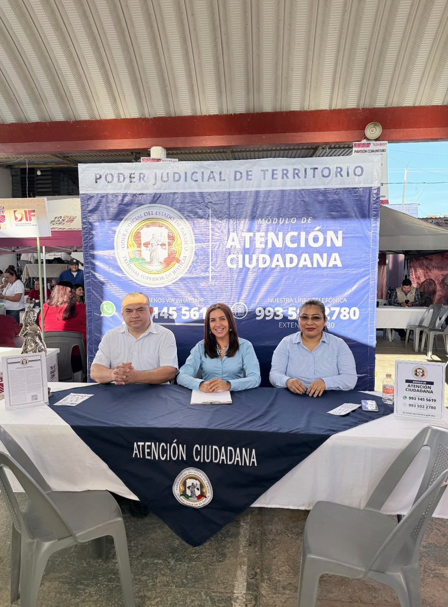 tsj_tabasco's tweet photo. Este jueves, el gobernador Javier May Rodríguez encabezó las Jornadas de Atención al Pueblo en Territorio en el poblado Guaytalpa, municipio de Nacajuca, para acercar los servicios públicos y brindar atención directa a la ciudadanía.

La mesa de atención del Poder Judicial, designada por el magistrado presidente del Tribunal Superior de Justicia, Carlos Efrain Reséndez Bocanegra, orientó a las y los ciudadanos sobre asuntos relacionados con juicios en trámite en materia civil y penal.

El equipo de trabajo estuvo integrado por el secretario judicial adscrito al Juzgado Segundo Civil de Nacajuca, Adalberto Fuentes Alberto; la jueza de Control de la Región Judicial 6 con sede en Nacajuca, Ana García García; y la directora de Enlace Social y Vinculación Ciudadana, Marcela Fernández Cornelio.