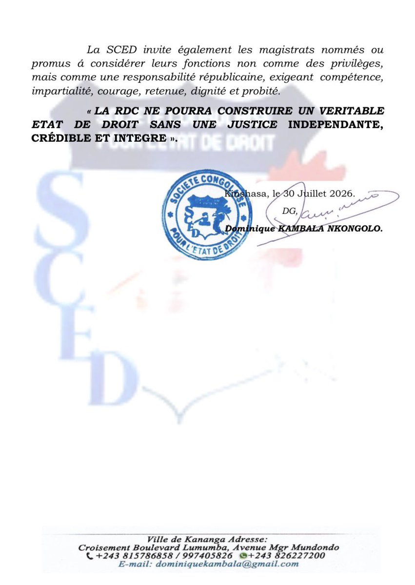 SCED49609063's tweet photo. 🚨COMMUNIQUE N°0707/SCED/DG/2026

Objet: L'ORGANISATION JUDICIAIRE NE DOIT PAS SEULEMENT CHANGER LES HOMMES. ELLE DOIT IMPERATIVEMENT
CHANGER DE SYSTEME @Presidence_RDC @PrimatureRDC @JusticeGouvCD @NgefaGuillaume @TinaSalama2 @CsmCsmrdc2022 @PatrickMuyaya @radiookapi @TopCongo https://t.co/DXoqUmqb5U