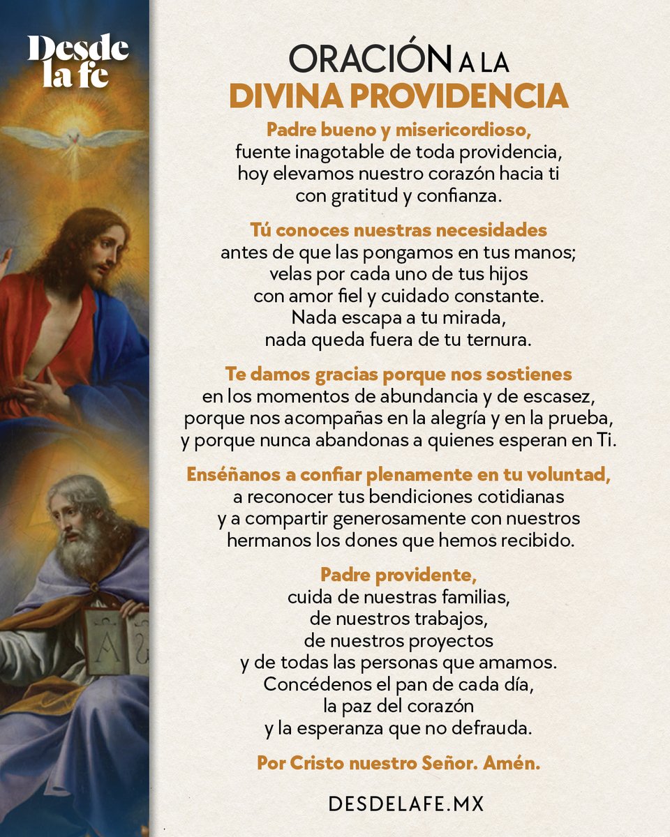 DesdeLaFeMx's tweet photo. Confiar en la Divina Providencia es creer que Dios guía nuestra vida incluso cuando no entendemos el camino. 🙏🏠

Haz esta oración y encomienda tus intenciones: https://t.co/7BogQD5IWT 

#Agosto #DivinaProvidencia #Oración https://t.co/9LupSD7H7I