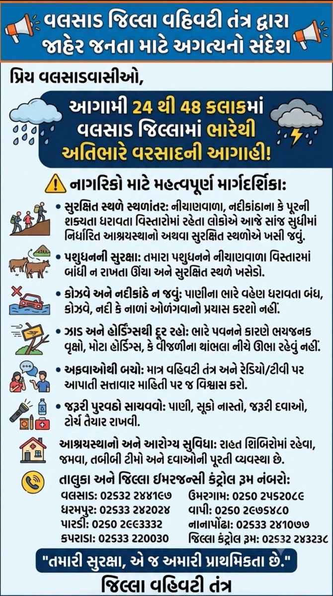 DDO_VALSAD's tweet photo. તા.31/07/2026(શુક્રવારે) વલસાડ જિલ્લામાં ભારે વરસાદની હવામાન વિભાગની આગાહીને ઘ્યાને લઈ નાગરિકોને સુરક્ષિત રહેવા વલસાડ જિલ્લા વહીવટી તંત્રની અપીલ તેમજ જરૂર જણાયે જિલ્લા/તાલુકા ઇમરજન્સી કંટ્રોલરૂમ નંબરોનો સંપર્ક કરવો. 
#TEAMVALSAD @CMOGuj @InfoGujarat @InfoValsadGoG https://t.co/QtMWA9vFmp