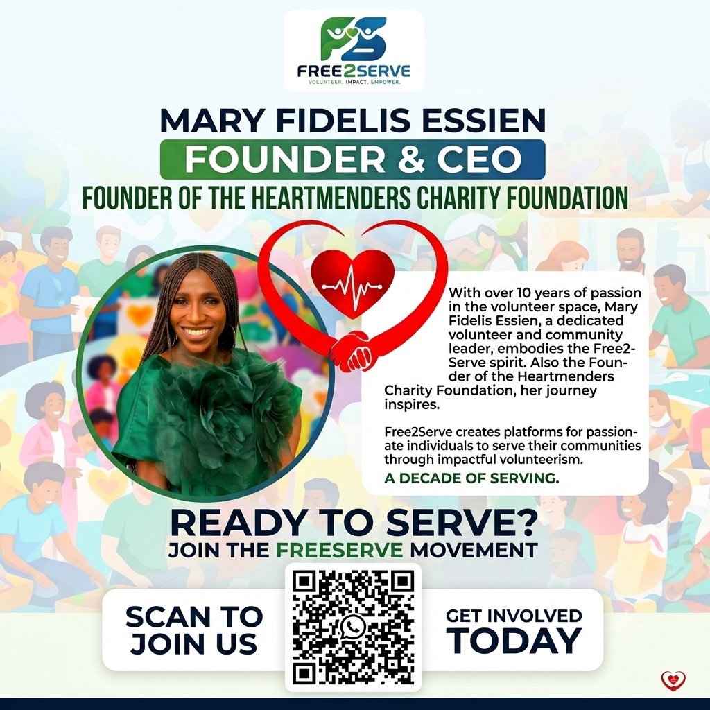Free_serve's tweet photo. Leadership isn’t about a title; it’s about impact, purpose, and showing up for others.
Meet our Founder &amp; CEO, Mary Fidelis Essien, who continues to set a clear example for us all.
#Free2Serve #VolunteerImpact #PurposeDrivenLeadership #Heartmenderscharityfoundation https://t.co/fDbi2iAQvr