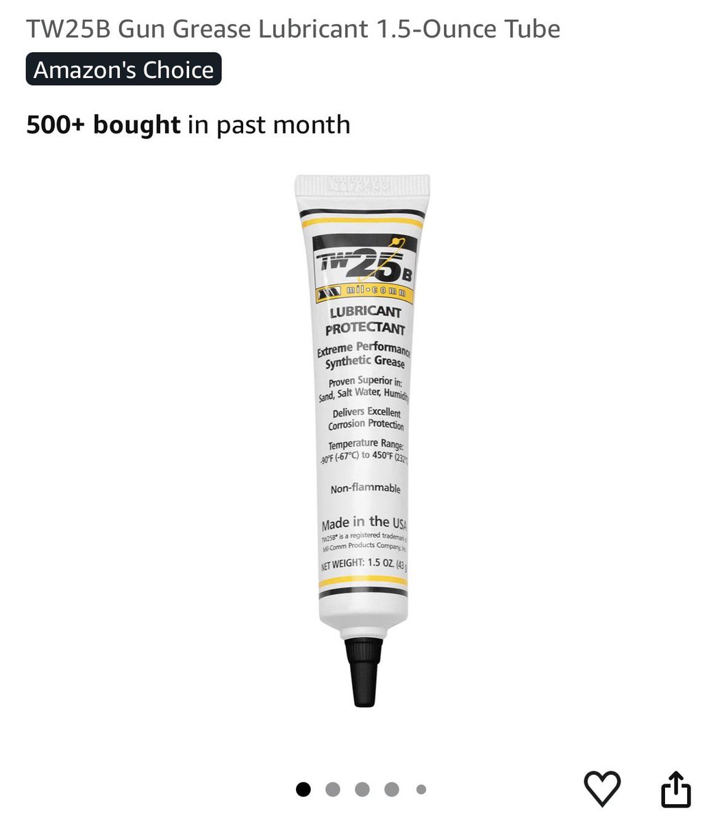 Flintlock_s's tweet photo. @ArthurClaudeen I ordered two tubes of this stuff back in January and I’m only halfway through 1 of them. Whatever you end up trying, just make sure it’s non-flammable and high temp rated. For suppressed only applications I clean every 500 rounds. Unsuppressed, every 1000rnds. https://t.co/aP1oRuIlZw