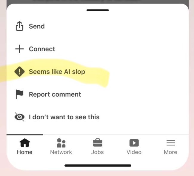 paulswaney3's tweet photo. Whatever product manager came up with the “seems like AI slop” button for LinkedIn deserves a raise https://t.co/PXvkU2ljWJ