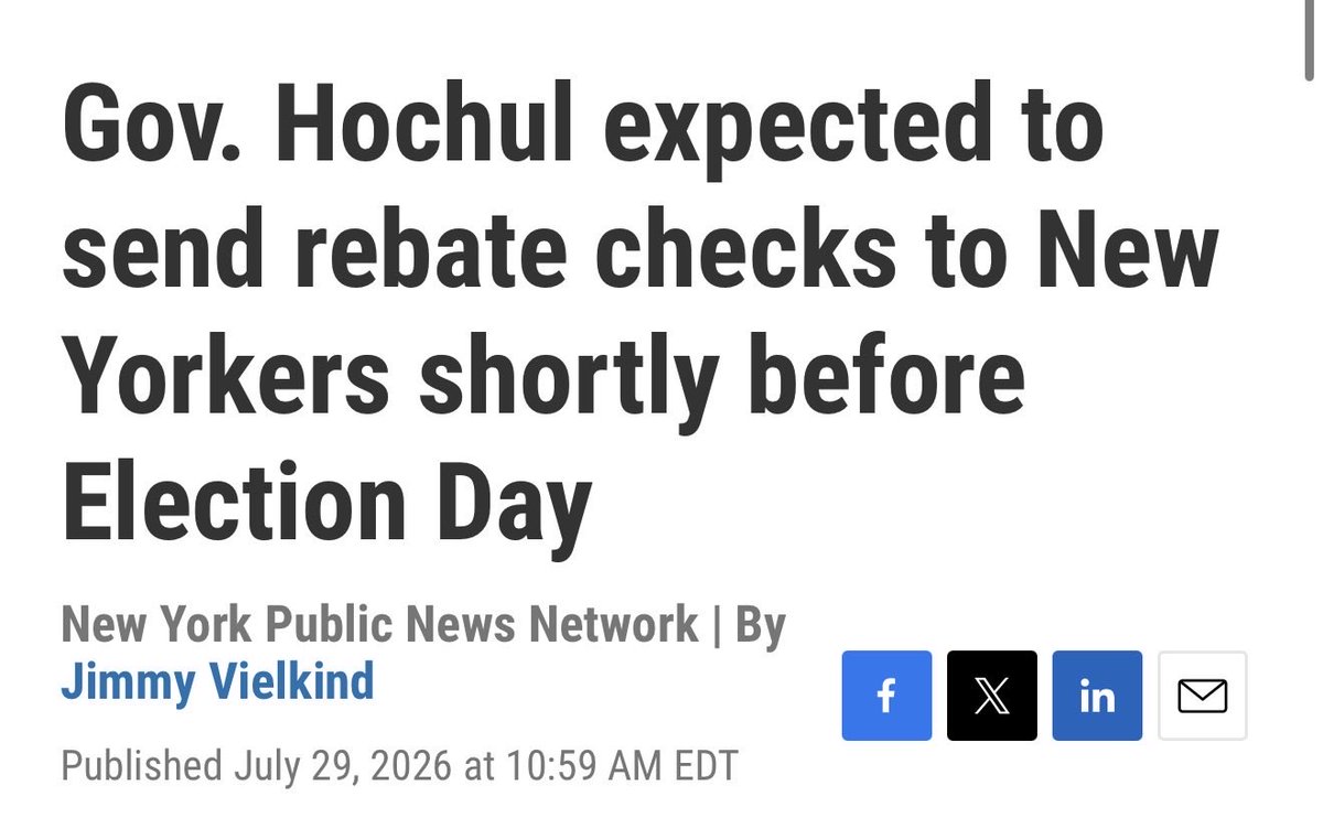 hernandezforny's tweet photo. What an insult to every hardworking New Yorker.

Albany takes your money all year, wastes billions, drives up your utility bills, and then, just weeks before Election Day, sends you a check for up to $200 and expects you to be grateful.

@KathyHochul doesn’t have her own money. Every dollar comes from New York taxpayers. Instead of fixing the policies that made New York unaffordable, she’s handing back a tiny fraction of what government already took, at the most politically convenient time possible. Disgusting! 

And where is our Comptroller? The office is supposed to be the taxpayers’ watchdog, not a silent partner while Albany’s political machine operates unchecked. Oh never mind, he’s part of the machine. 

New Yorkers deserve leaders who will stop the waste, expose the fraud, and respect taxpayers, not treat them like they’re for sale.

Enough. Vote these bums out on November 3.