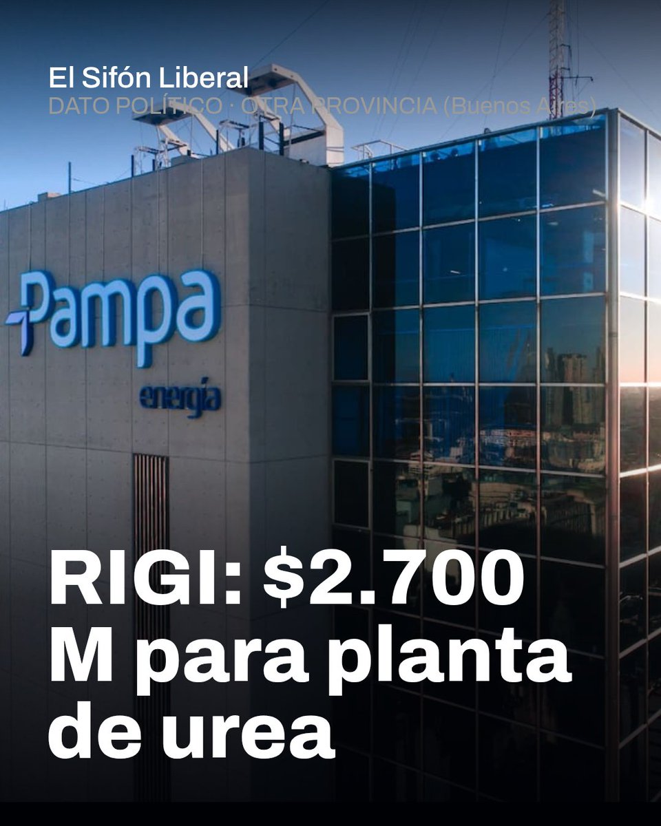 Elsifonliberal's tweet photo. 🏛️ DATO POLÍTICO ·  (Buenos Aires)
el sifón liberal · Jueves 30/7 

RIGI: $2.700 M para planta de urea

👤 Pampa Energía (Marcelo Mindlin) / RIGI nacional

📊 US$ 2.700 millones de inversión; capacidad de 2,1 millones de toneladas anuales de urea granulada; 3.500 puestos en construcción; 300 empleos permanentes; aporte estimado de US$ 1.000 millones anuales al país; inicio de operaciones: fines de 2029

La decisión final de inversión (FID) fue aprobada por el directorio de Pampa Energía y comunicada a la CNV. El proyecto, desarrollado por la subsidiaria Fértil Pampa en el Polo Industrial de Bahía Blanca, se presentó para adherir al Régimen de Incentivo para Grandes Inversiones (RIGI). La planta utilizará gas de Vaca Muerta para producir fertilizantes, sustituyendo importaciones y exportando principalmente a Brasil.

Esto es exactamente lo que el RIGI debía provocar: inversión privada masiva en sectores estratégicos donde el Estado nunca llegó. US$ 2.700 millones para producir urea en Argentina, cuando antes importábamos fertilizantes desde regiones en guerra, es una transformación estructural. La ironía es que el peronismo bonaerense de Kicillof intentó replicarlo con su propio 'RIGI Blue' provincial —bautizado así burlonamente por los libertarios— para no quedar afuera de la movida. El mercado habló: cuando hay reglas claras, el dinero llega solo. Lo que no hace falta es el Estado.

📌 El Sifón Liberal
Diario Financiero, Bloomberg Línea, Infobae, Letra P – 17-20 julio 2026