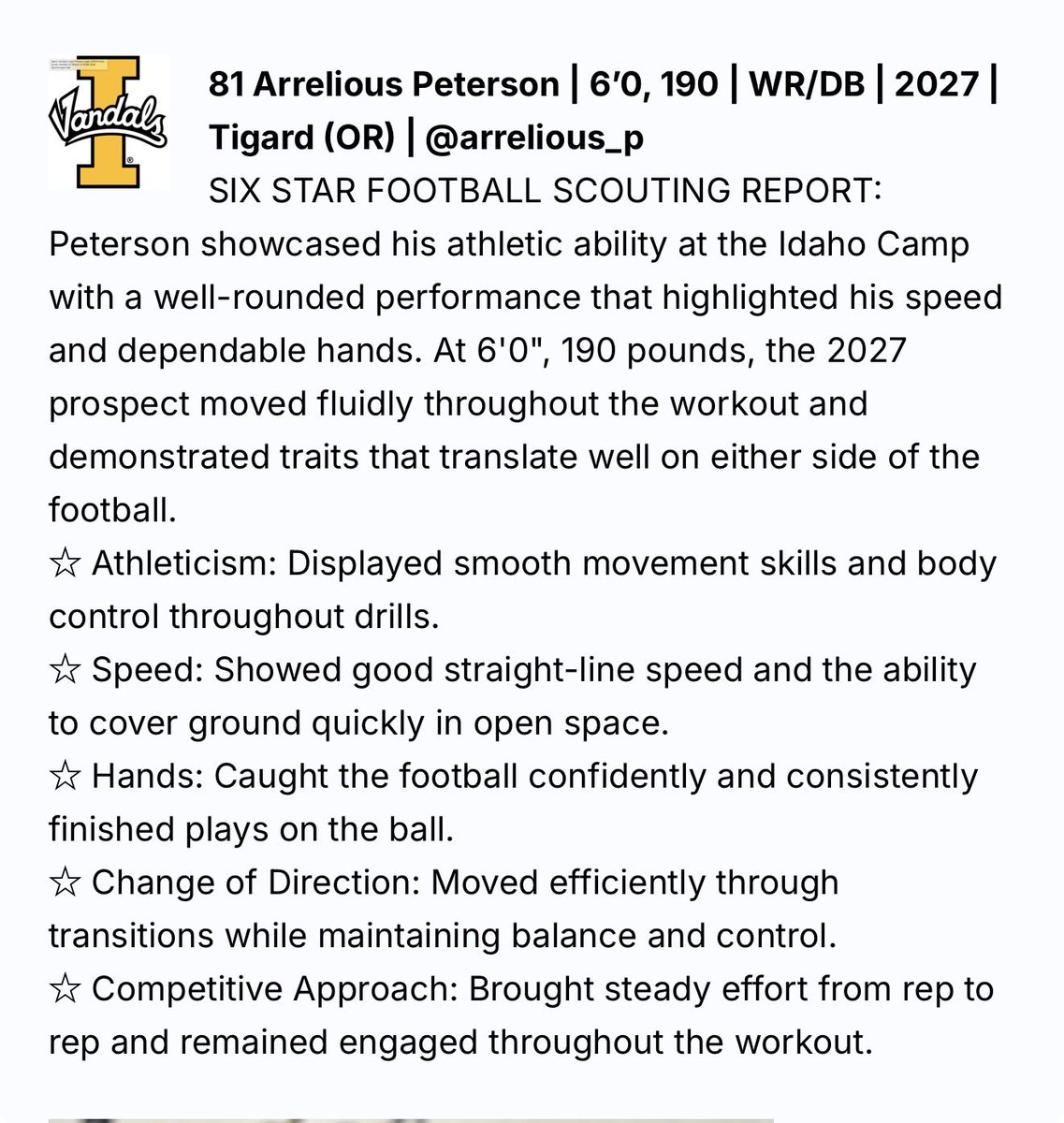 arrelious_p's tweet photo. After 11 months of rehab I had a great time competing at @psuviksFB for @CoachMC_PSU @CoachCalebMoore and @VandalFootball for @CoachTFord @coachTyPaopao football camps. Thanks to @sixstarfootball for the write up. Exited for my senior season and to be back on the field with my teammates ๐คซ
@TigerNationFB @CoachWhitleyII @flyguyhuey5 @RCarterTV @teamlillard7on7 #IYKYK #EOGA