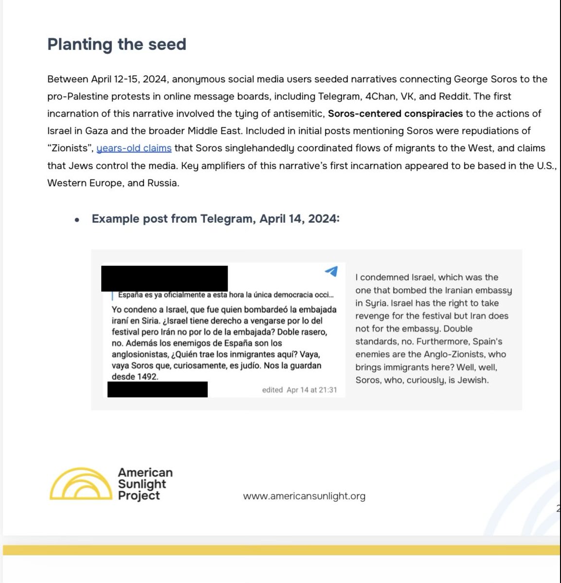 pepesgrandma's tweet photo. Nina Jankowicz is bought by George Soros. Yeah I have evidence.

“Soros centered conspiracy.”Now tell everyone who your partners are Nina. Wouldn’t by chance be Soros would it? 

“Between April 12-15, 2024, anonymous social media users seeded narratives connecting George Soros to the pro-Palestine protests in online message boards, including Telegram, 4Chan, VK, and Reddit. The first incarnation of this narrative involved the tying of antisemitic, Soros-centered conspiraciesto the actions of
Israel in Gaza and the broader Middle East. Included in initial posts mentioning Soros.”