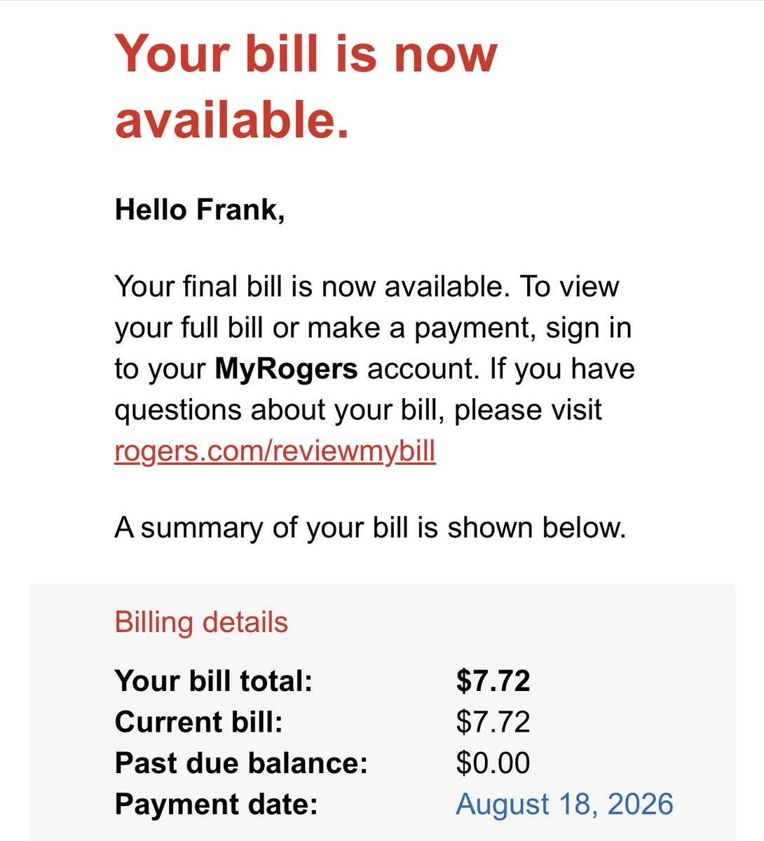 Donianator's tweet photo. @Rogers seriously, you send me a final bill of $7.72 after I paid a cancellation fee (well worth it btw) to cancel my service with you???  Keep waiting 🖕 https://t.co/vIIEa0I1EQ