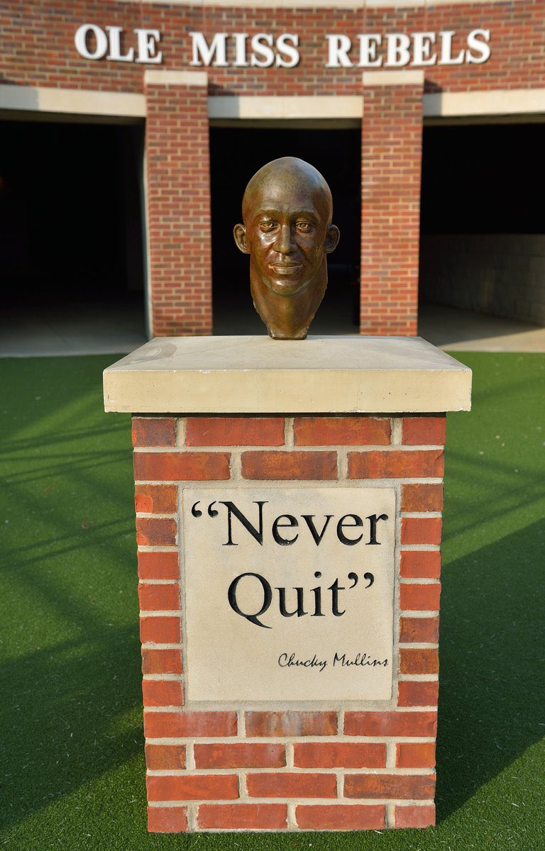 EverythingRebs's tweet photo. A lot of my new followers may not know this story, so here it is:

Chucky Mullins played in the secondary for Ole Miss in 1988–89. On October 28, 1989 against Vanderbilt, he suffered a severe neck injury while making a tackle, leaving him paralyzed. He would never regain movement below the neck. Chucky Mullins died less than a year later at age 21 from a pulmonary embolism related to his condition.

Today, the #38 at Ole Miss is the highest honor a defensive player can represent on the field. 

Chucky is remembered forever at Ole Miss and his legacy will carry on for ages. 

“Never Quit”