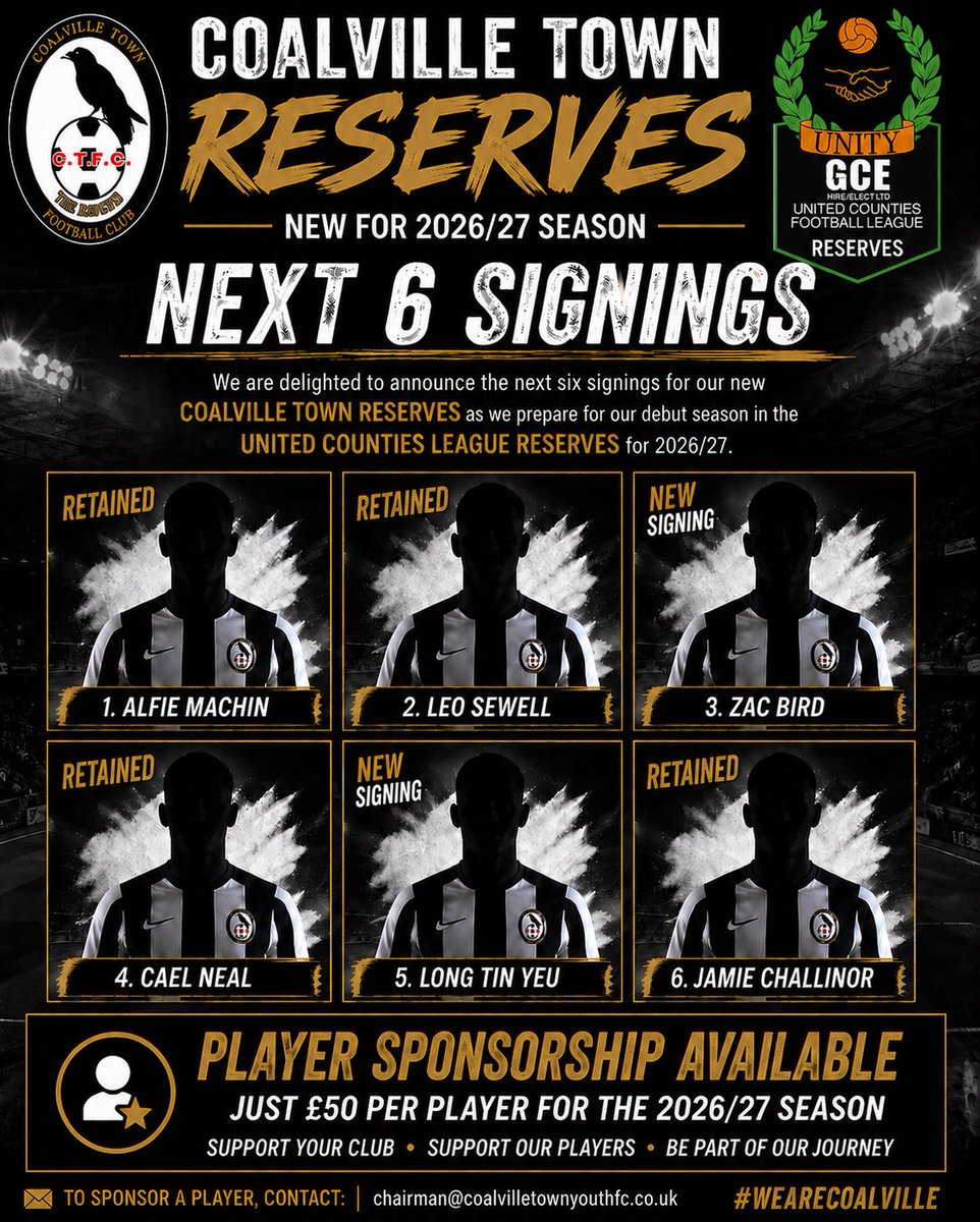 CTFCreserves's tweet photo. As the squad builds ahead of next saturdays opening match away @doughboys_wtfc Development management team of Harry and Lee have secured another 6 players for the season. Sponsorship is available at just £50 per player including VAT. #wearecoalville https://t.co/VJBWpkO2aH