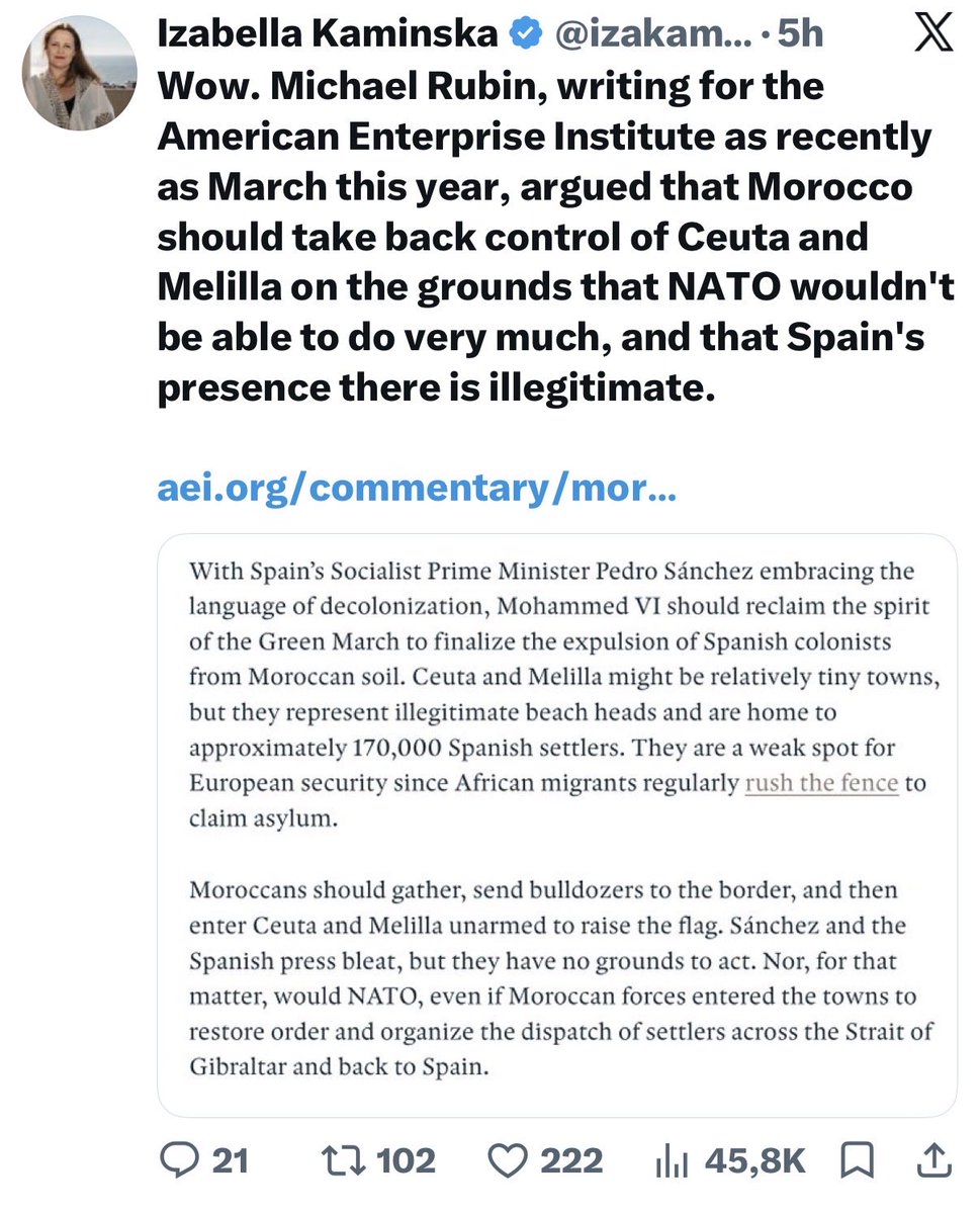 rumeliobserver's tweet photo. This Ceuta crisis is NOT about Spanish migration policy. That is certain.

It is about decisions by Marocco. 

PS: Or is there more? Could it be that some in the US hope to challenge Spanish territorial sovereignty, as was done over Denmark & Greenland? 👇

Putin-style?

@RoryStewartUK @vonderleyen @_FriedrichMerz @sanchezcastejon @J_MorenoSanchez @JosepBorrellF @fromTGA @Maximilian_Popp @CarloMasala1 @CarloCalenda @AnnaMariaCB @carlbildt @ClaudMajor