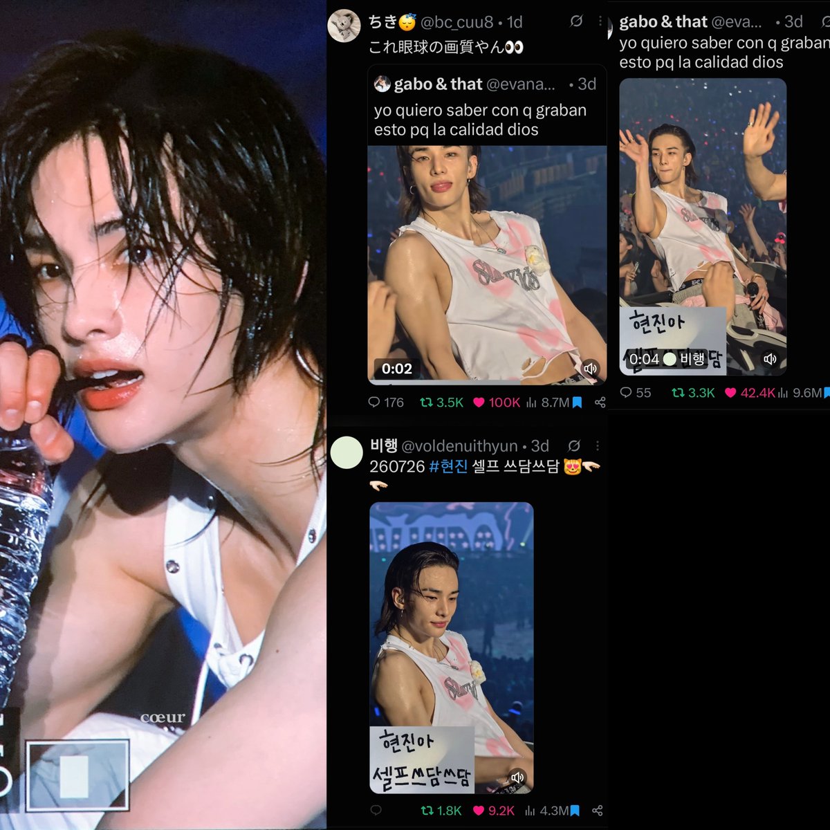 hyunieluvbot's tweet photo. Hyunjin is currently going INSANELY viral on X because of his unreal visuals and the insane quality of his fancam ❤️‍🔥

Every post about it is pulling massive numbers:

• 9M+ , 8M+ , 4M+ views
• 100K+ , 40K+ , 10K+ likes

The numbers are just insane😭
#Hyunjin #현진 https://t.co/xtKJQoE2q7