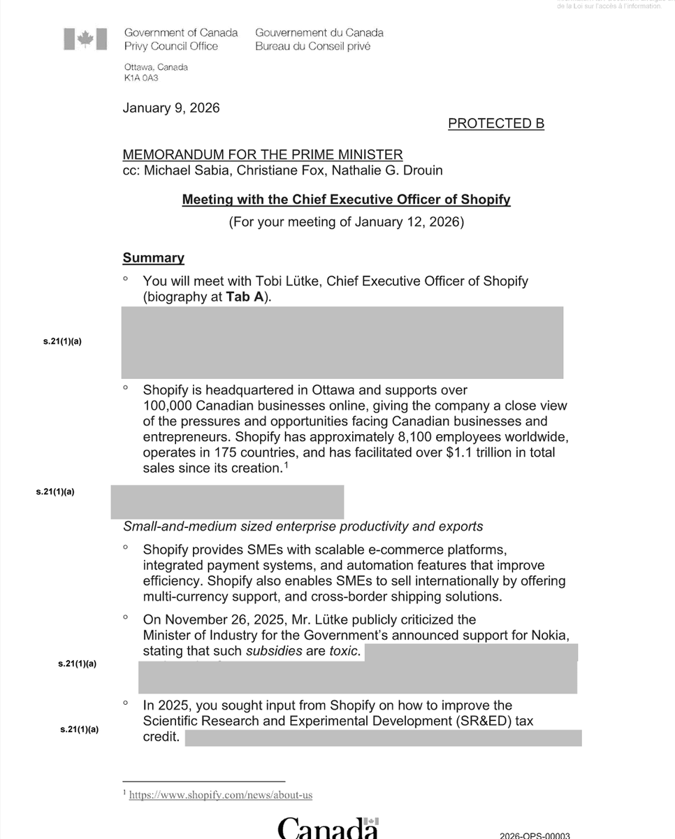 christoaivalis's tweet photo. 1. Shopify CEO wants to make it so that millions of Canadians can't vote because they're too poor
2. Likely has even more extreme views in private
3. Recently met with Mark Carney
4. Most of what they talked about in their meeting is REDACTED

It's not unreasonable to believe until we hear otherwise that the CEO and Carney spoke about efforts to steal voting rights from millions of Canadians.