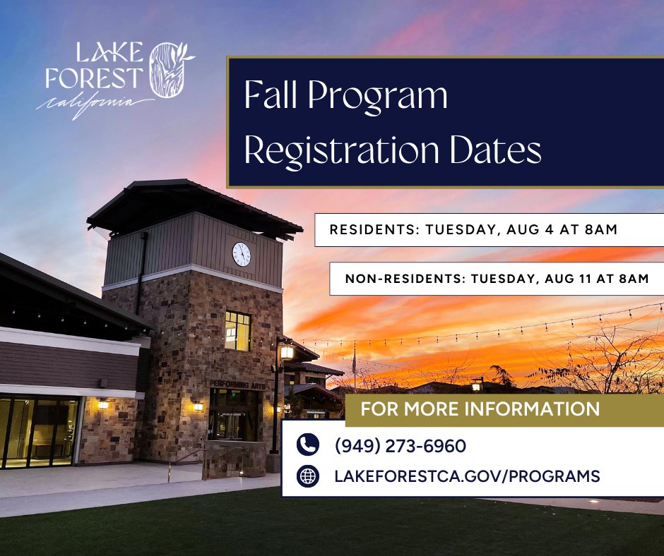 LakeForestCA's tweet photo. Fall program registration opens August 4 at 8 a.m. for residents and August 11 at 8 a.m. for nonresidents. We apologize for the Leaflet delivery delay. Copies should arrive soon.

View it online: https://t.co/0eH2VpqjfL
Register: https://t.co/xWF0IKIh6P https://t.co/CxDfMvAIMZ