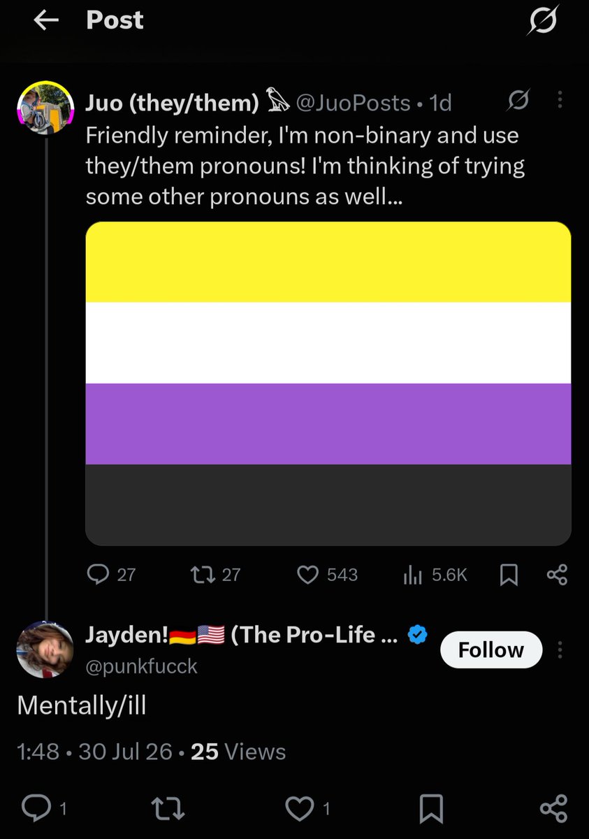 JuoPosts's tweet photo. Because you won't leave trans people alone. That's why people are hating on you. Oh, and you support murder of innocent kids in schools via guns.

I thought the bible said to love thy neighbour, so why are you disrespecting trans people? Respect goes both ways. https://t.co/vrUiQDfQQe
