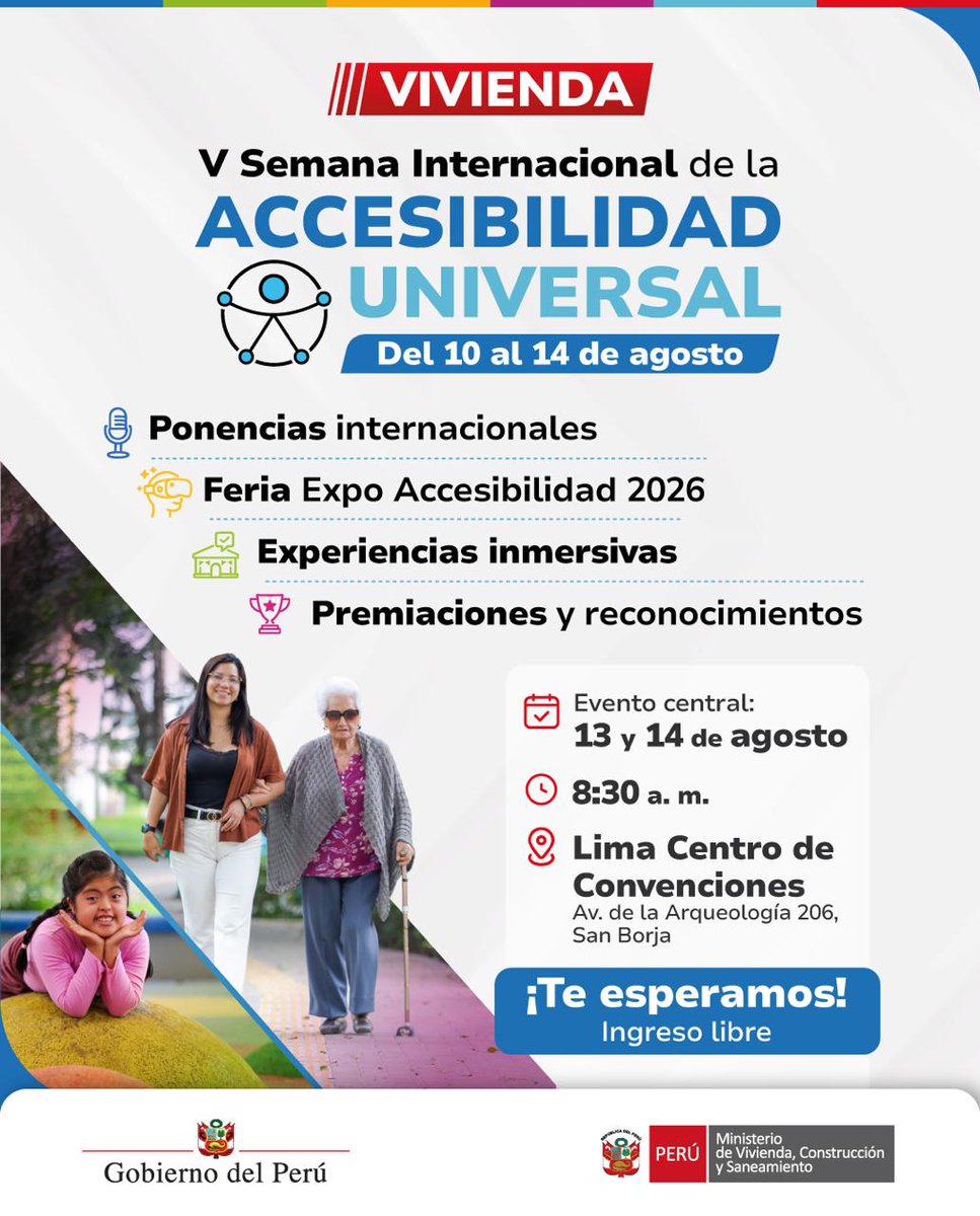 viviendaperu's tweet photo. ✅ ¡Construyamos entornos sin barreras!

📌 Participa en la V Semana Internacional de la Accesibilidad Universal, organizada por el Ministerio de Vivienda. 

📌 A través de ponencias internacionales, experiencias inmersivas sobre accesibilidad universal, premiaciones, reconocimientos a las buenas prácticas y la feria Expo Accesibilidad 2026, podrás conocer iniciativas innovadoras, intercambiar experiencias y fortalecer tu compromiso con la construcción de entornos más inclusivos y accesibles para todas las personas.

📅 Evento central: 13 y 14 de agosto de 2026
📍 Centro de Convenciones de Lima (av. de la Arqueología N.° 206, San Borja).
 ⏰ Desde las 8:30 a. m.
🔗 Inscríbete aquí: https://t.co/b0gqCDv6M6