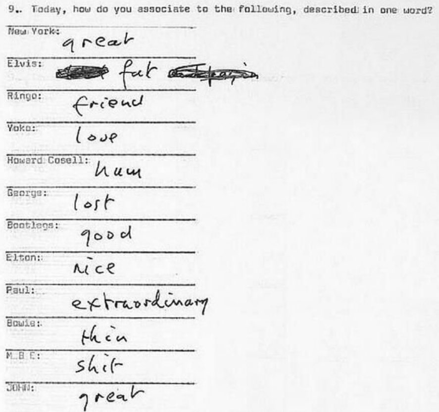 marianabrickman's tweet photo. John Lennon’s word association from 1976 https://t.co/bL7GP9CXBU
