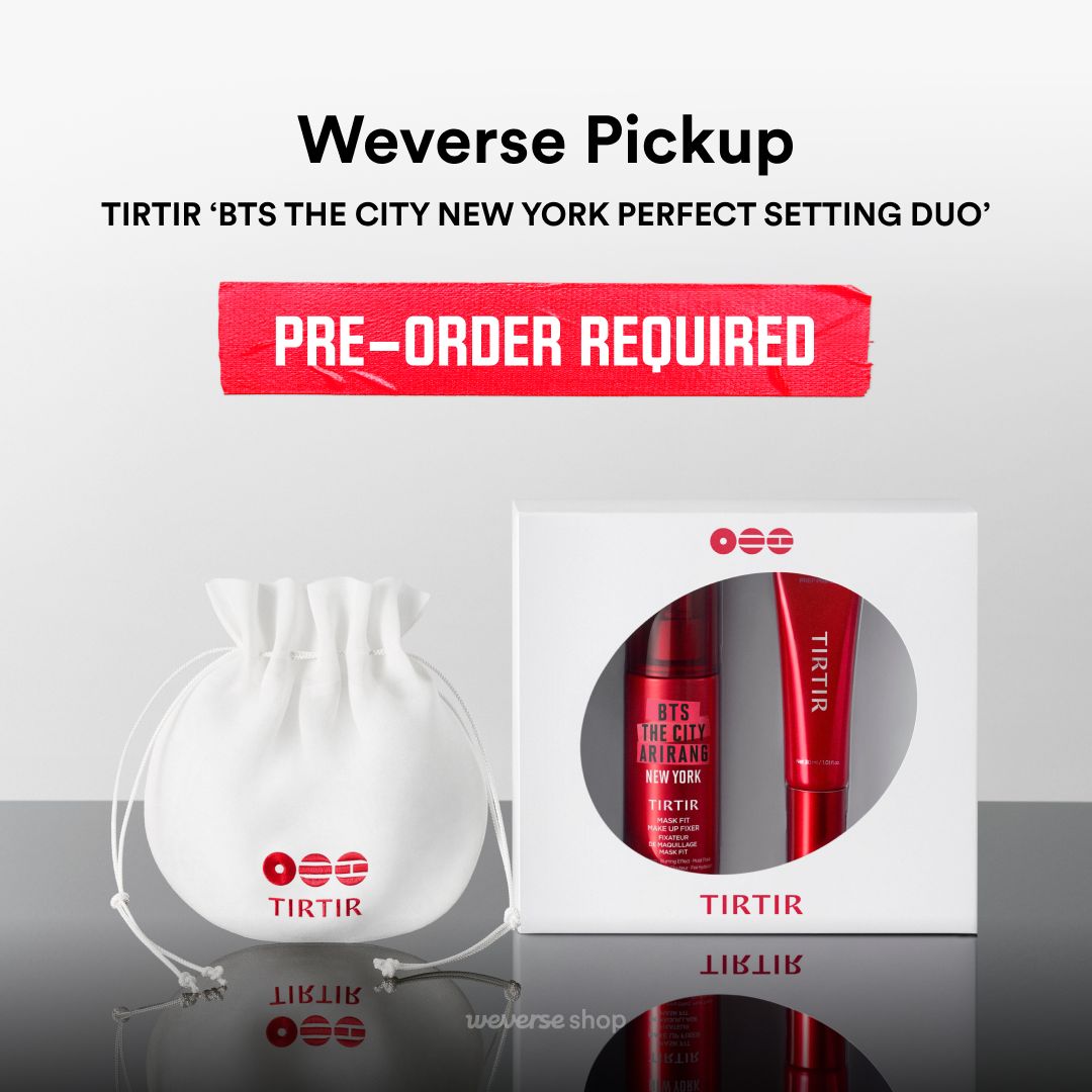 weverseshop's tweet photo. 📢 TIRTIR 'BTS THE CITY NEW YORK PERFECT SETTING DUO' Weverse Pickup Guideline

Pre-purchase on Weverse Shop and reserve a time slot for on-site pickup!

✔️ Pre-Purchase Required
On-site purchases are not available. Please schedule your pickup time slot when placing your order.

✔️Weverse members will be able to purchase the product on Weverse Shop when they are within a 5,000-km radius of the venue (NEW YORK ARMY 'MADANG') and pick them up at the venue (NEW YORK ARMY 'MADANG').

🛒 How to Pre-Purchase and Pick Up
Weverse Shop > BTS > Pickup > ARMY MADANG
👉 Pre-purchase & reserve a pickup time slot
👉 Visit during your reserved window, present your QR code, and pick up your order

🔎 Read more: https://t.co/bJOAi8xxBh

#BTS (@bts_bighit)
#BTS_THECITY_ARIRANG
#BTS_THECITY_ARIRANG_NEWYORK
#TIRTIR (@tirtir_official)
#Weverse #WeverseShop