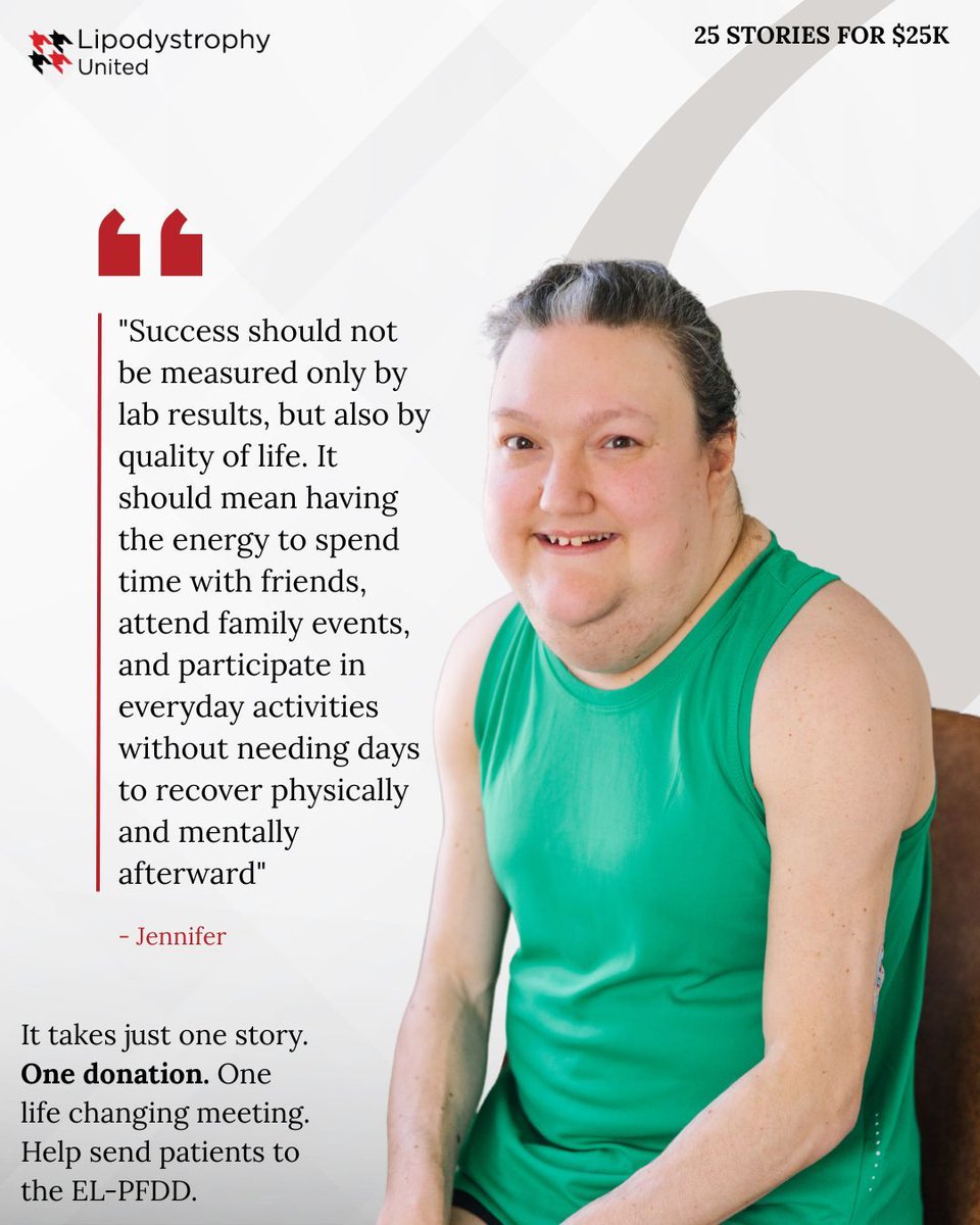 LipodystrophyLU's tweet photo. 25 Stories for $25K | Story 8: Jennifer
Success isn't just better lab results, it's having the energy to enjoy everyday life. Help us send patients to the EL-PFDD and ensure voices are heard.

Donate: https://t.co/UKNo6BBEhJ

 #25StoriesFor25K #ELPFDD #LipodystrophyUnited https://t.co/VciRog2WSo