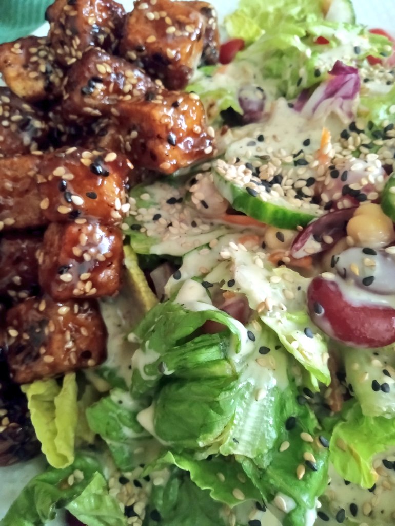 greennomad61's tweet photo. Cool and light meal with minimal ingredients and effort.
Salad with kidney beans, garbanzo beans, cucumber, onion, tomatoes and lots of sesame seeds - cuz why not 🤭
Tofu sauteed and marinated in Szechuan sauce (again).

#VeganFood #ActOnClimate 
#EndPandemics 🌱 https://t.co/yyR2SqOie0