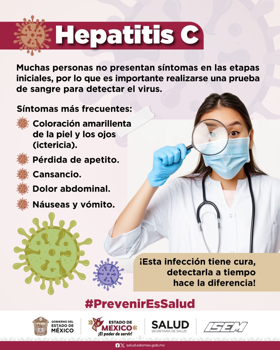 IMEDIS_Edomex's tweet photo. Conoce la #HepatitisC y sus síntomas más frecuentes. 
Su pronta detección ayuda en gran medida a otorgar un tratamiento adecuado. 
#PrevenirEsSalud https://t.co/PmmW8niWXB