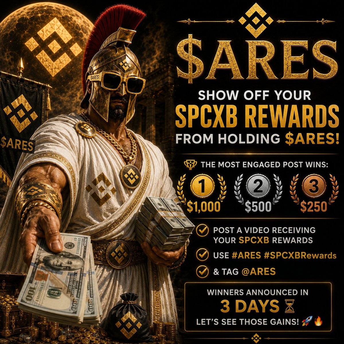 ARESonBSC's tweet photo. Show off your SPCXB rewards from holding $ARES! 💰⚔️

💎 The most engaging post wins:

🥇 $1,000
🥈 $500
🥉 $250

✅ Post a video showing your claimed SPCXB rewards from holding $ARES
✅ Use #ARES #SPCXBRewards
✅ Tag @$ARES

🏆 Winners announced in 3 days.

Let’s see those rewards! 🚀🔥