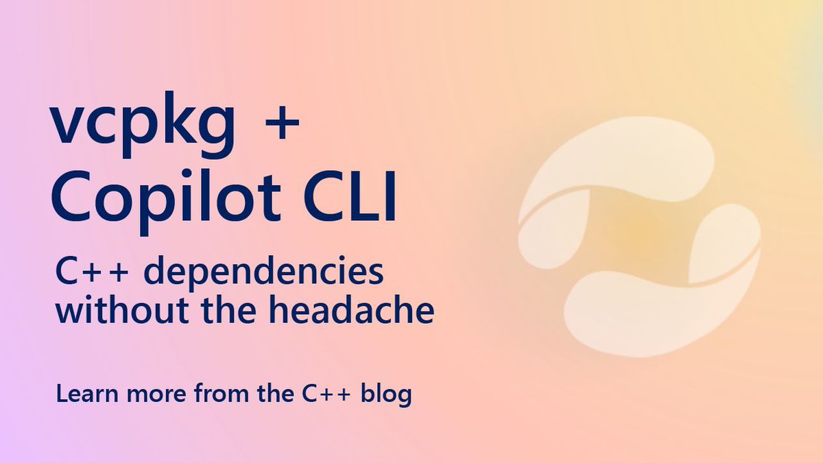 VisualStudio's tweet photo. C++ deps without the headache. 😌
Copilot CLI + vcpkg = auto project setup, manifest restore, smart library picks, reproducible builds, and zero include‑path spelunking.
Terminal‑first, fully guided.
Read the blog 👉 https://t.co/U9uGiKF6iH https://t.co/gLk3uHmI62