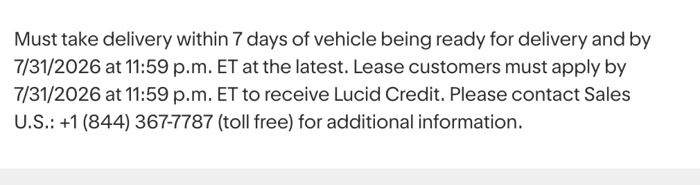 Singal3's tweet photo. Why does $LCID insist on people taking delivery by a date that @LucidMotors themselves can't meet @ntwork?  Maybe say delivery by 7/31/2026 or the first date Lucid can provide your location for delivery... https://t.co/CcnKrqgJ9A