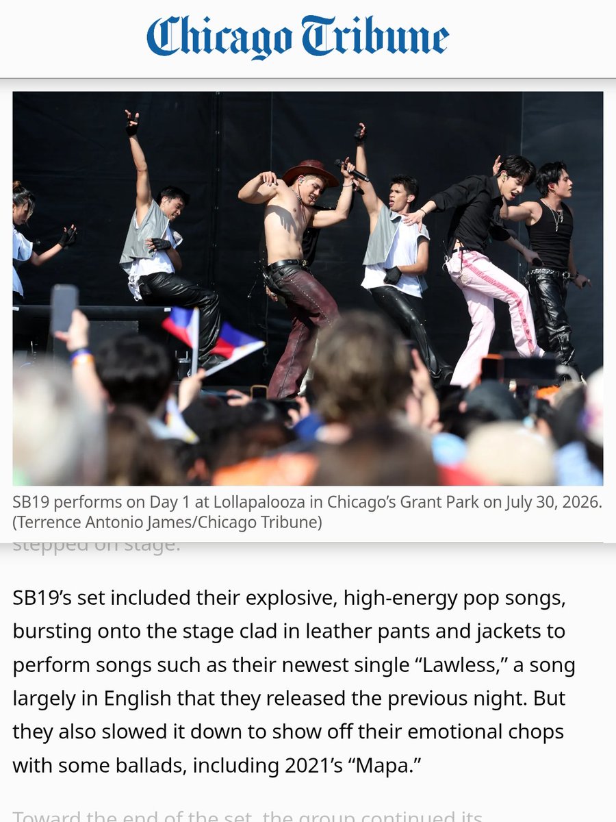 rrobotot's tweet photo. [Chicago Tribune 🇺🇸 - SB19 mention]

🍎 FULL: https://t.co/xT7LoikoPh

- “On Thursday afternoon, SB19 became the first Filipino group to play at Lollapalooza when they took to the Allianz stage at 3:30 p.m.”

SB19PALOOZA FESTIVAL
@SB19Official #SB19
#SB19atLollapalooza https://t.co/3pKpLssBHx