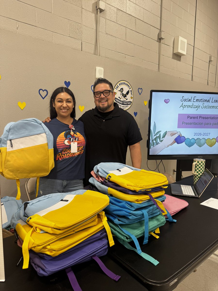 jdoporto_yisd's tweet photo. Extremely thankful AND grateful for our partners in Ed who are parents to our amazing roadrunners and give back to our kiddos! A backpack donation to kick start the year right for everyone during our open! 🎒✏️📚We are extremely blessed at @EdgemereSchool 💛💙 @BrianoChristina https://t.co/bvIi9iRqyC