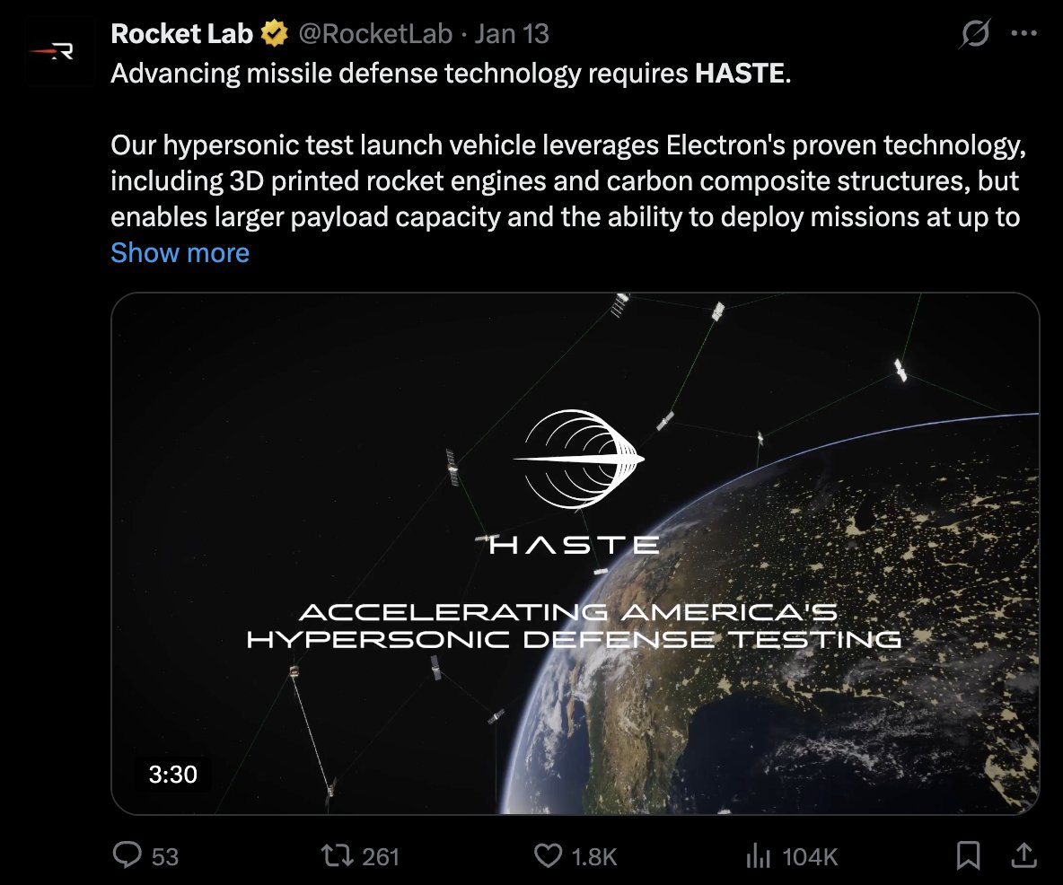 SpaceFortune12's tweet photo. Read between the lines here. Responsive launch? New orbits? I think Rocket Lab is pushing for another TacRS contract (or something much bigger), and I think they'll win.

This campaign reminds me of when Rocket Lab was pushing promotion for HASTE on twitter, and then they won a 20x launch HASTE contract - the largest launch contract for the company at the time.

Rocket Lab doesn't make noise for nothing. I'm telling you, the opportunity at LC-4 is much bigger than what has already been announced.

$RKLB