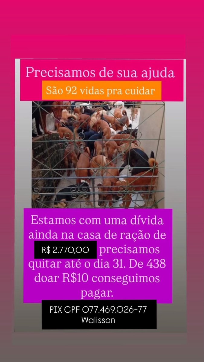 Wborgesprotecao's tweet photo. Curtam, compartilhem. Temos que pagar a ração amanhã 
Tivemos uma doação de R$10 agora falta R$2.670
Pix cpf 077.469.026-77 Walisson https://t.co/QCMR5N0315
