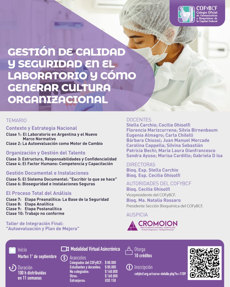 cofybcf's tweet photo. | Gestión de calidad y seguridad en el laboratorio y cómo generar cultura organizacional |

📅Inicio: 1ero de septiembre
🕕Duración: 100h distribuidas en 11 semanas
💻Modalidad: virtual asincrónica

🙌Otorga: 10 créditos
🔗Inscribite haciendo click acá: https://t.co/uPbj08jIIc https://t.co/xLkveCASUo