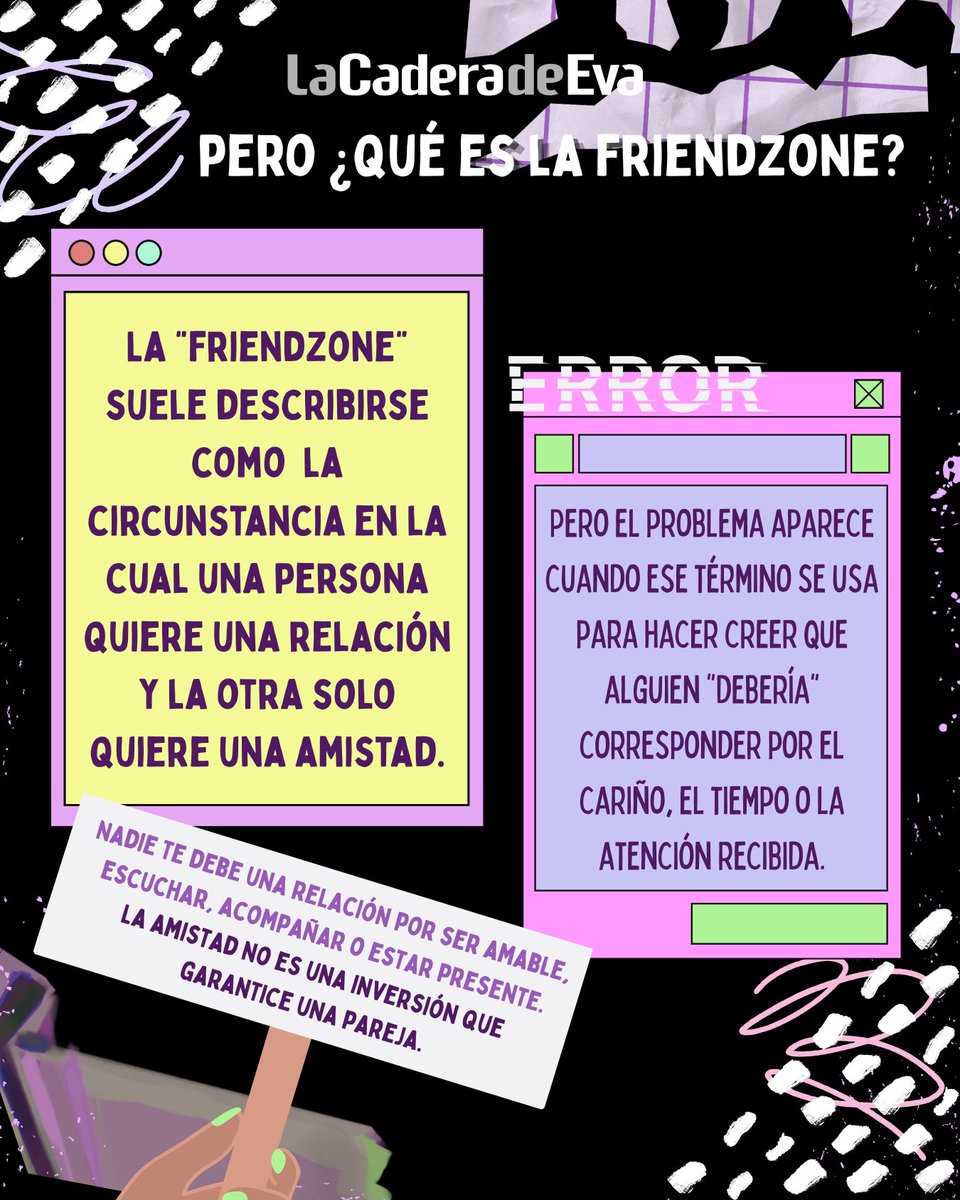 LaCaderadeEva's tweet photo. ✨❌ ¿La "friendzone" existe o es una forma de no aceptar un "no"?

En el Día Internacional de la Amistad hablamos de una experiencia que muchas mujeres comparten: descubrir que alguien a quien consideraban un amigo en realidad esperaba una oportunidad para tener una relación. https://t.co/K53OaLzYHs