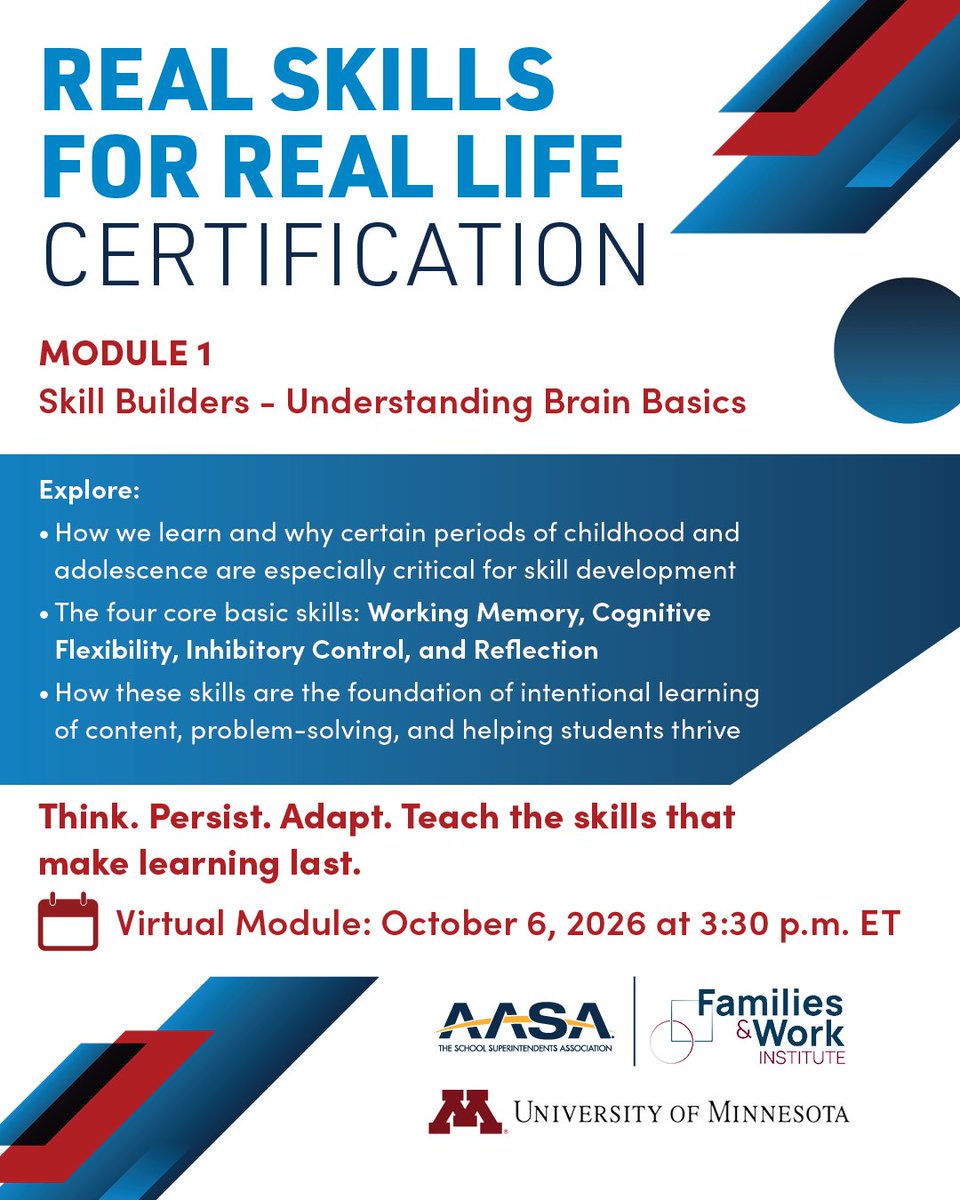 AASAHQ's tweet photo. Struggling readers. Lack of focus. Behavior issues. We treat these as separate problems, but they often trace back to the same underlying foundation: brain skills like working memory, cognitive flexibility, inhibitory control, and reflection, ready to be developed intentionally with the right support.

Module 1 of Real Skills Certification breaks down the brain science in plain language — the kind you can use with a parent or school board tomorrow.

📅 Tuesday, October 6, 2026 | 3:30–5:00 PM ET

Featuring insights from researchers at @JohnsHopkins, @UBC, and the @UMNews.

https://t.co/bqijtFaLJE

#AASARealSkills